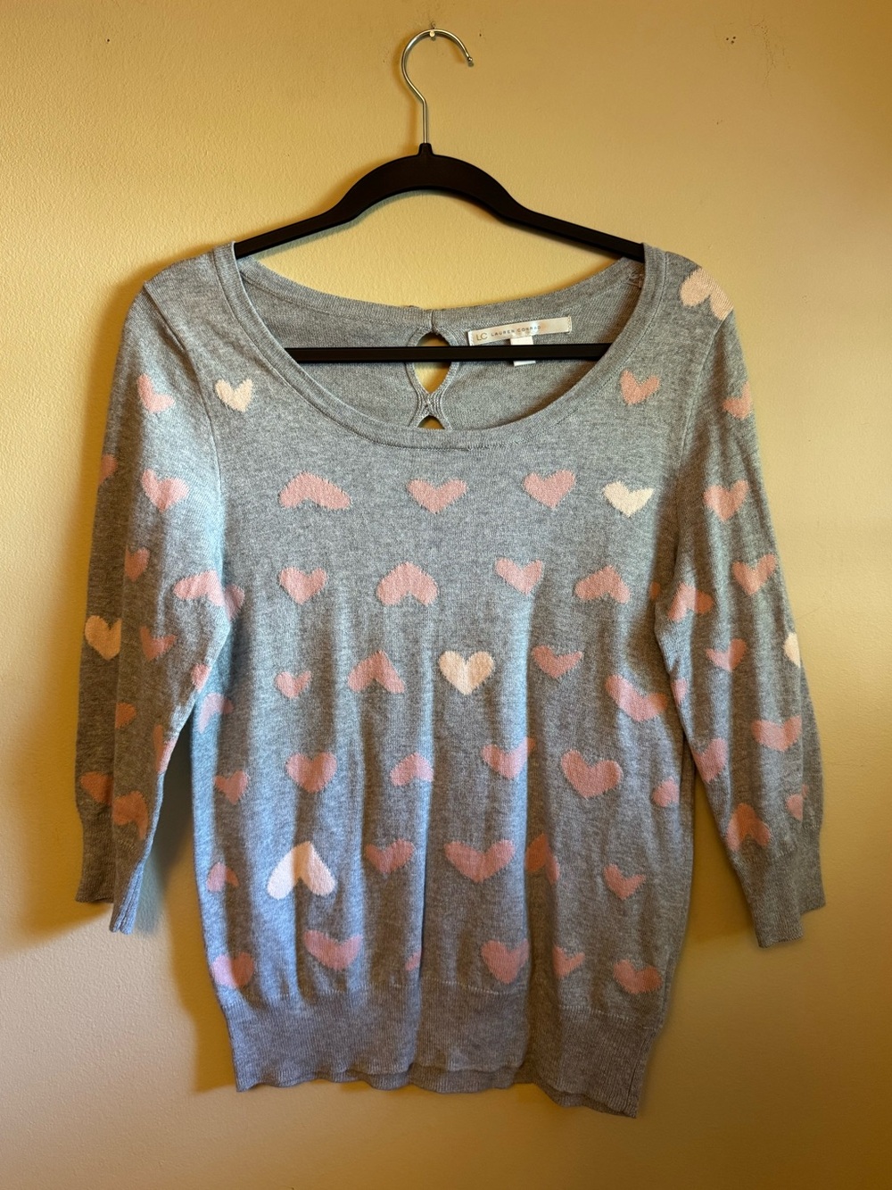 LC Lauren Conrad Gray Scoop-Neck Sweater with Pink & White Hearts